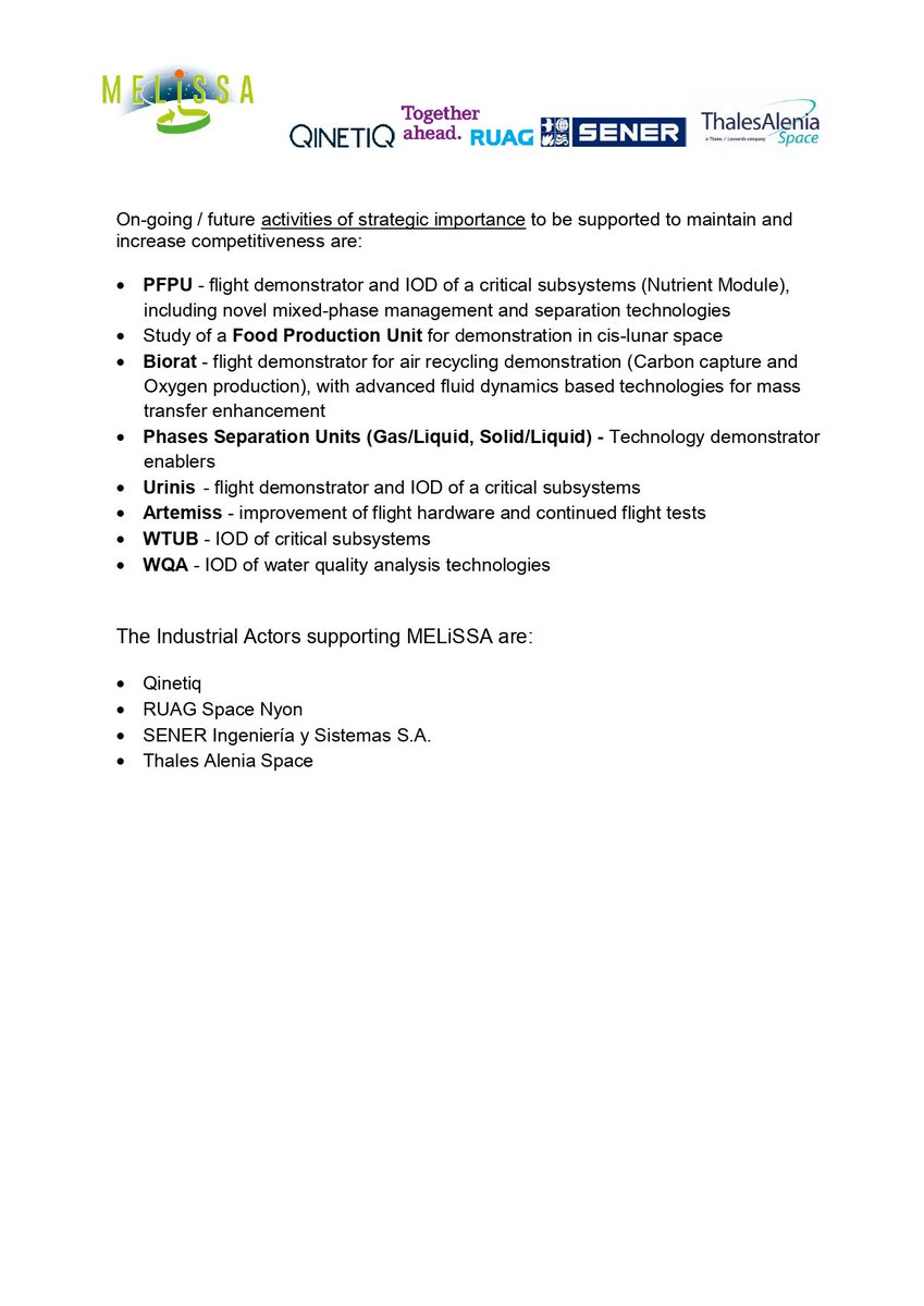 MELiSSAProject1's tweet image. Are you still wondering why industry supports MELiSSA? 

Thanks to more than 25 years efforts and a long-term commitment, MELiSSA community has built unique capabilities, demonstrated both in space and on earth. 

Discover these remarkable achievements!
#space #MELISSA