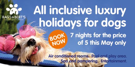 Going away in May? Give your pet a taste of the high-life too, at Rags &amp; Bert's Dog Hotel.
Our passionate professionals ensure your loved one will be thoroughly spoiled in our real 'home from home' friendly environment.
Call 0118 207 7788 or ragsandberts.co.uk