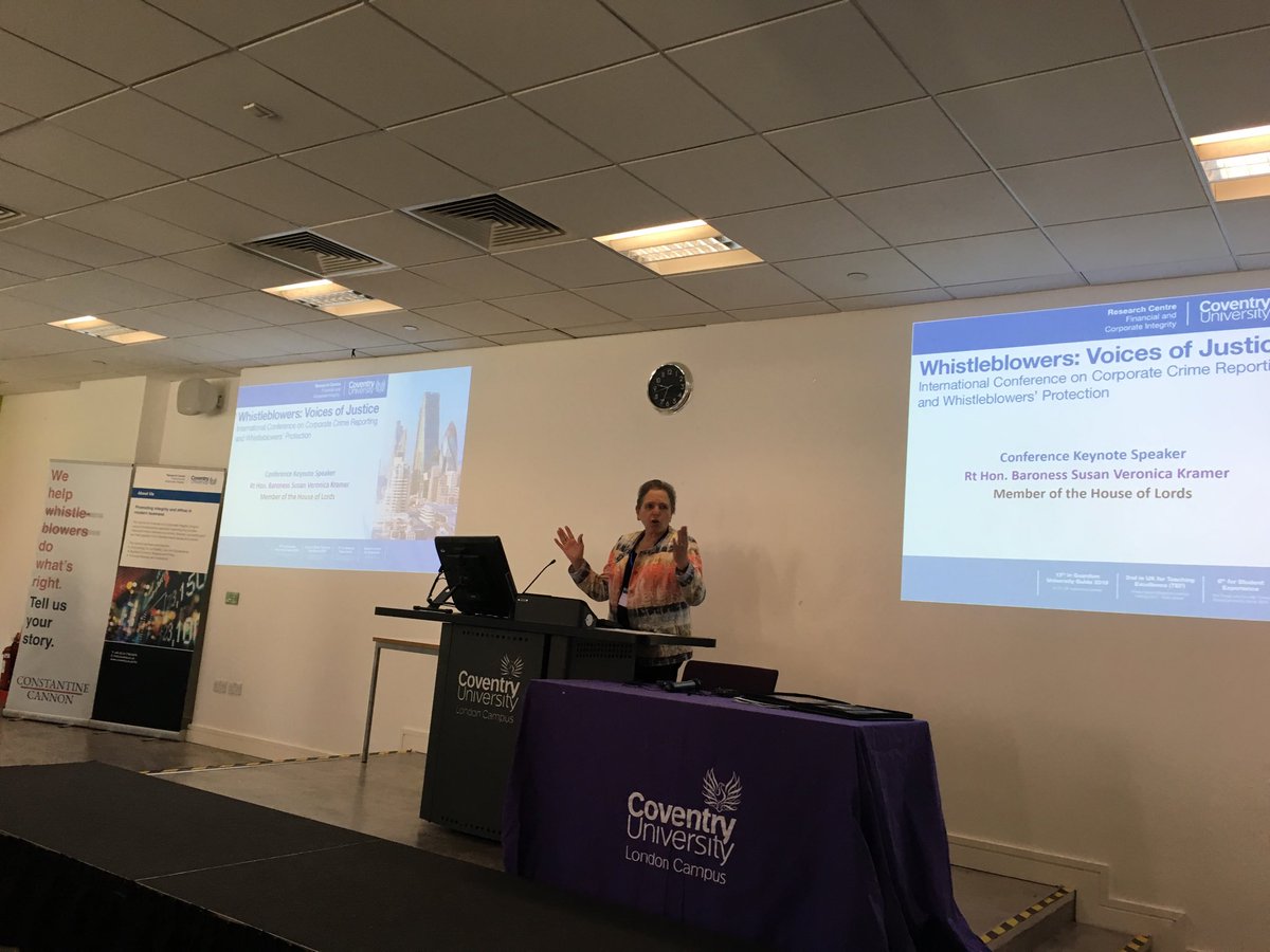 WB_UK's tweet photo. Baroness Kramer opening the Whistleblowers; Voices of Justice International Conference at Coventry University - “we need to respect and treasure #Whistleblowers” ⁦@AWhistleblowing⁩ ⁦@stephenkerrMP⁩ ⁦@normanlamb⁩ ⁦@AnnelieseDodds⁩ https://t.co/sUiV7aCIIb