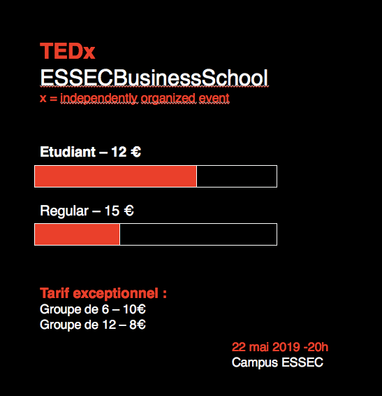 ⏰[N'attendez plus !]⏰

Les places s'écoulent rapidement 🎟! Dépéchez vous de prendre votre place, surtout si vous pouvez bénéficier du tarif spécial étudiant ...  

J-12 🎉

Lien billetterie : collecte.io/tedxessec-2019…