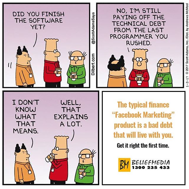 OzDollar's tweet photo. "Every time you choose a dodgy solution over a scalable, efficient alternative, you accumulate technical debt". Sadly, this describes most of the modern-day marketing systems the "Facebook Marketers" are peddling. One of the lessons learned from #PurpleBricks very sad depart https://t.co/8ocnHLjyab