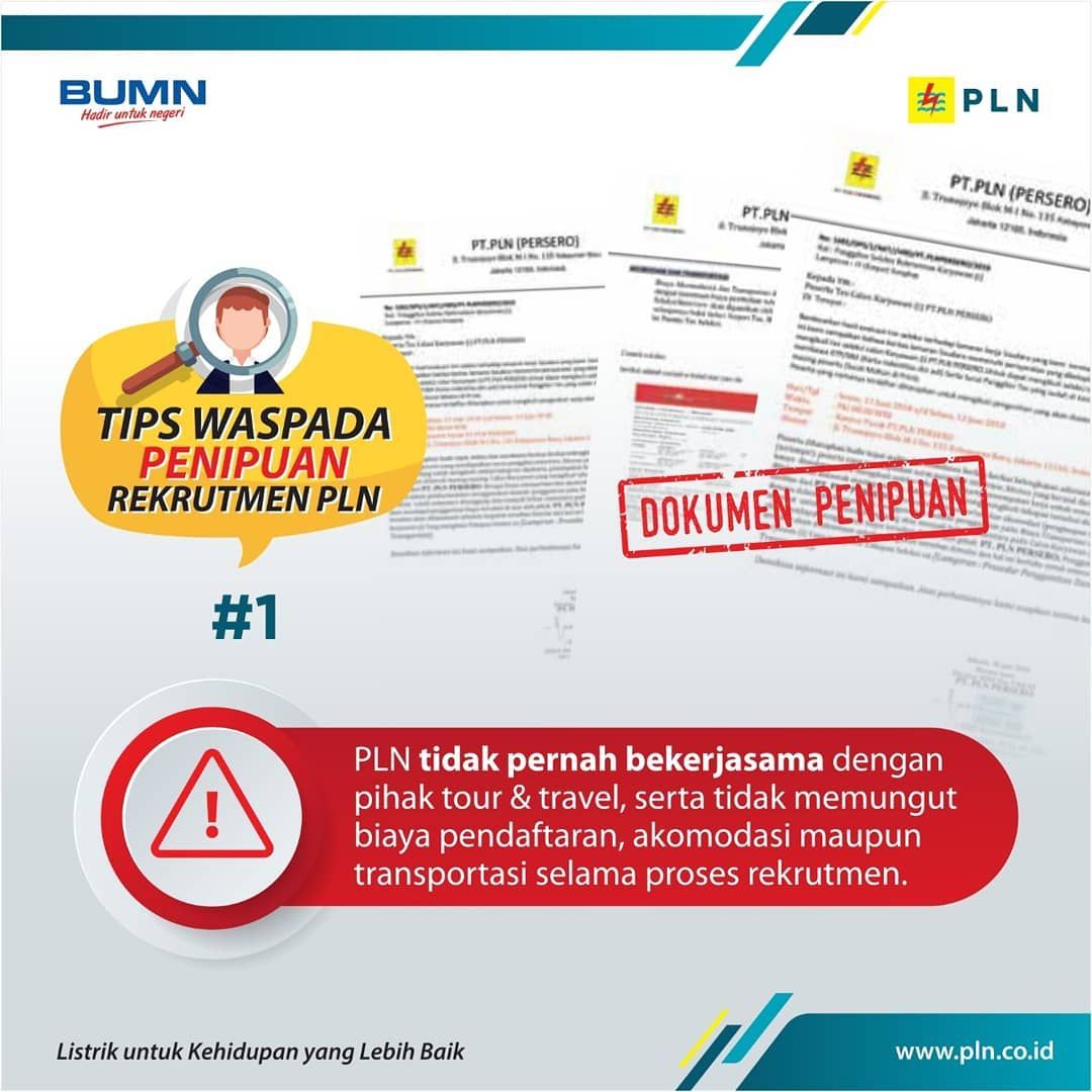 pln_123's tweet photo. Dear Electrizen,

Selalu waspada ya terhadap upaya penipuan oleh oknum tidak bertanggung jawab yang mengatasnamakan Rekrutmen PLN. https://t.co/2KSTtjWQch