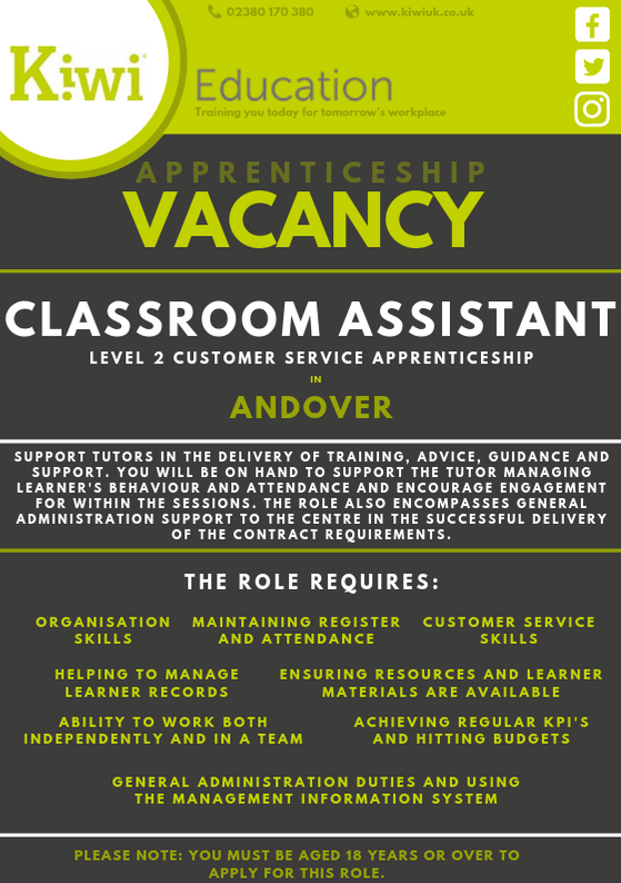 🥝Let's roll! First up in our #FridayFeeling Fresh Vacancies... a Level 2 Customer Service Apprenticeship! 👥

Want to find out more? Check the link: indeed.co.uk/jobs?q=enham%2…

#Andover #CustomerService #Apprenticeship #ClassroomAssistant