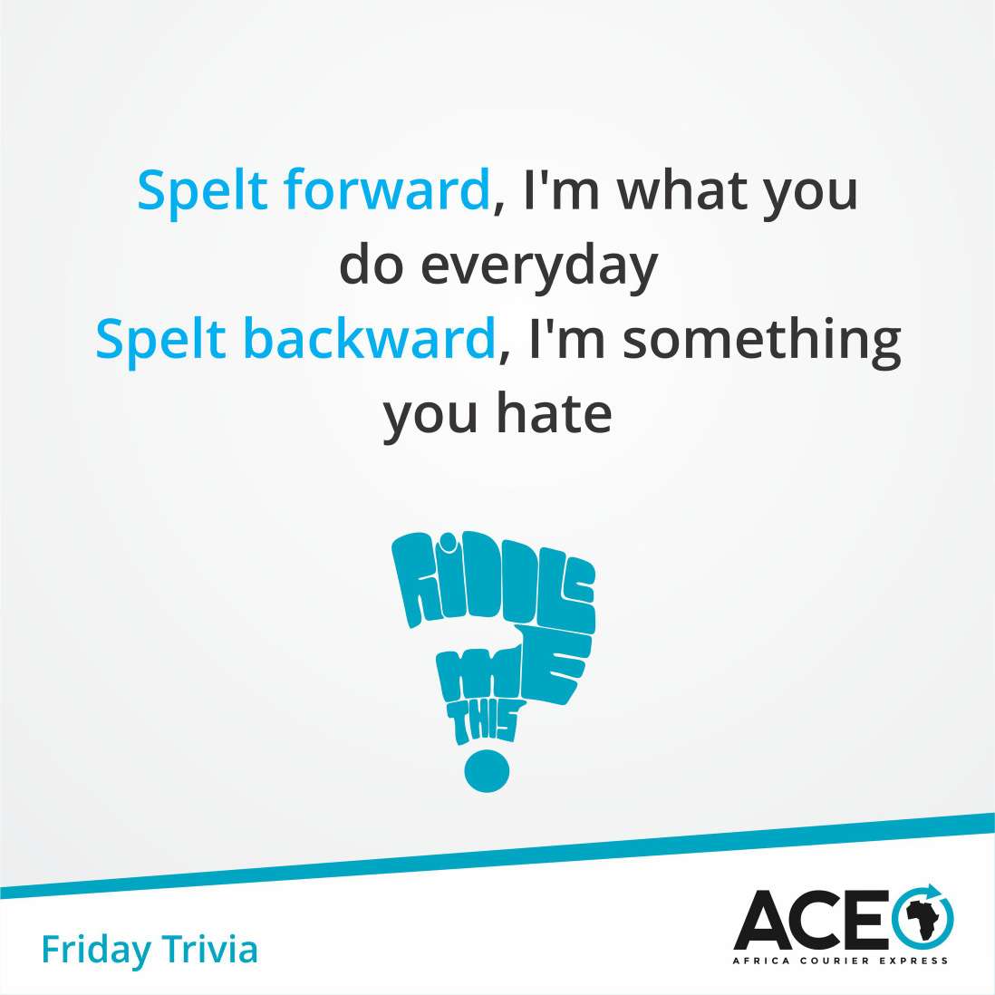 Acedotafrica's tweet photo. Do you have all the answers? Well tell us what the answer is and one lucky winner gets a discount and a prize courtesy of ACE. Tag 5 friends, make sure they follow us and also participate.
#ACELogistics #ACEdelivers #guesstheanswer #prize #discount #vouchers #triviaFriday #Friday https://t.co/dHQIsTVj2E
