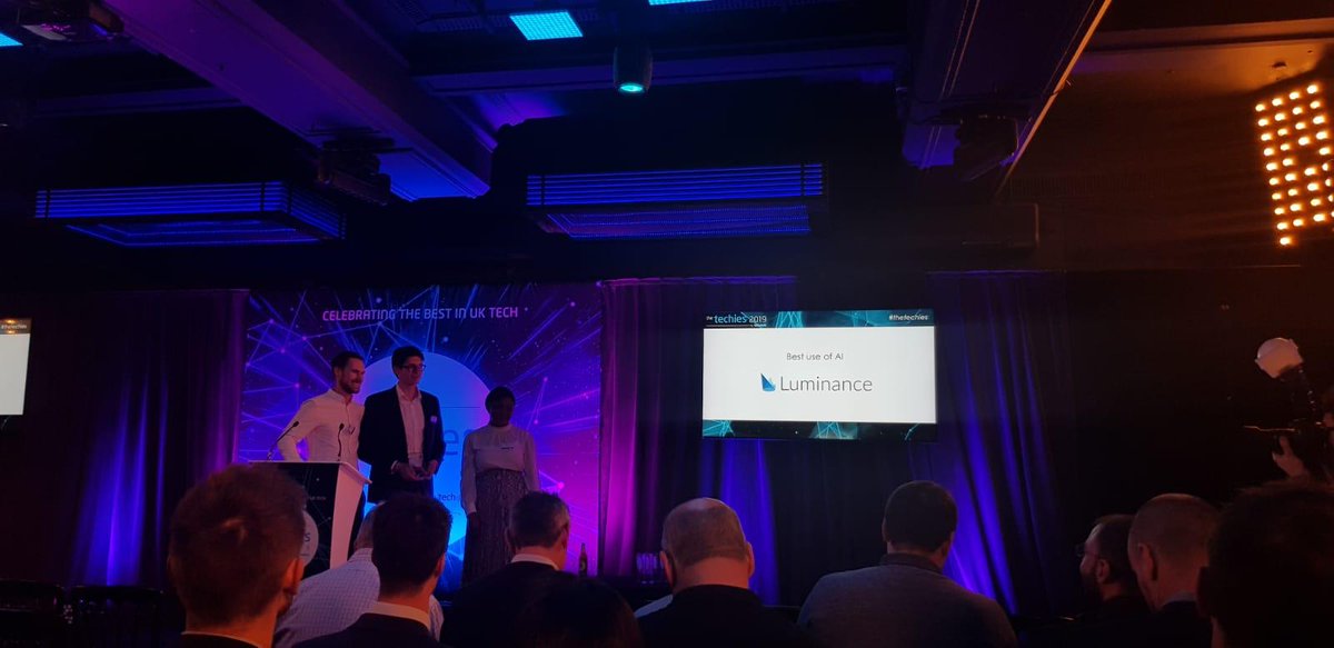 LuminanceTech's tweet photo. We are the proud winners of two more Techies! We have been awarded 'Best use of AI' and 'AI Innovator of the Year'. Thank you @techworldnews for having us last night. #thetechies https://t.co/W5ZoK0XODG