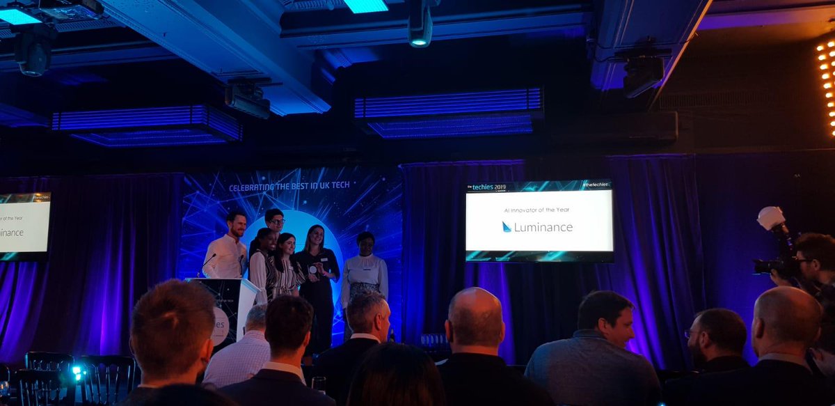 LuminanceTech's tweet photo. We are the proud winners of two more Techies! We have been awarded 'Best use of AI' and 'AI Innovator of the Year'. Thank you @techworldnews for having us last night. #thetechies https://t.co/W5ZoK0XODG