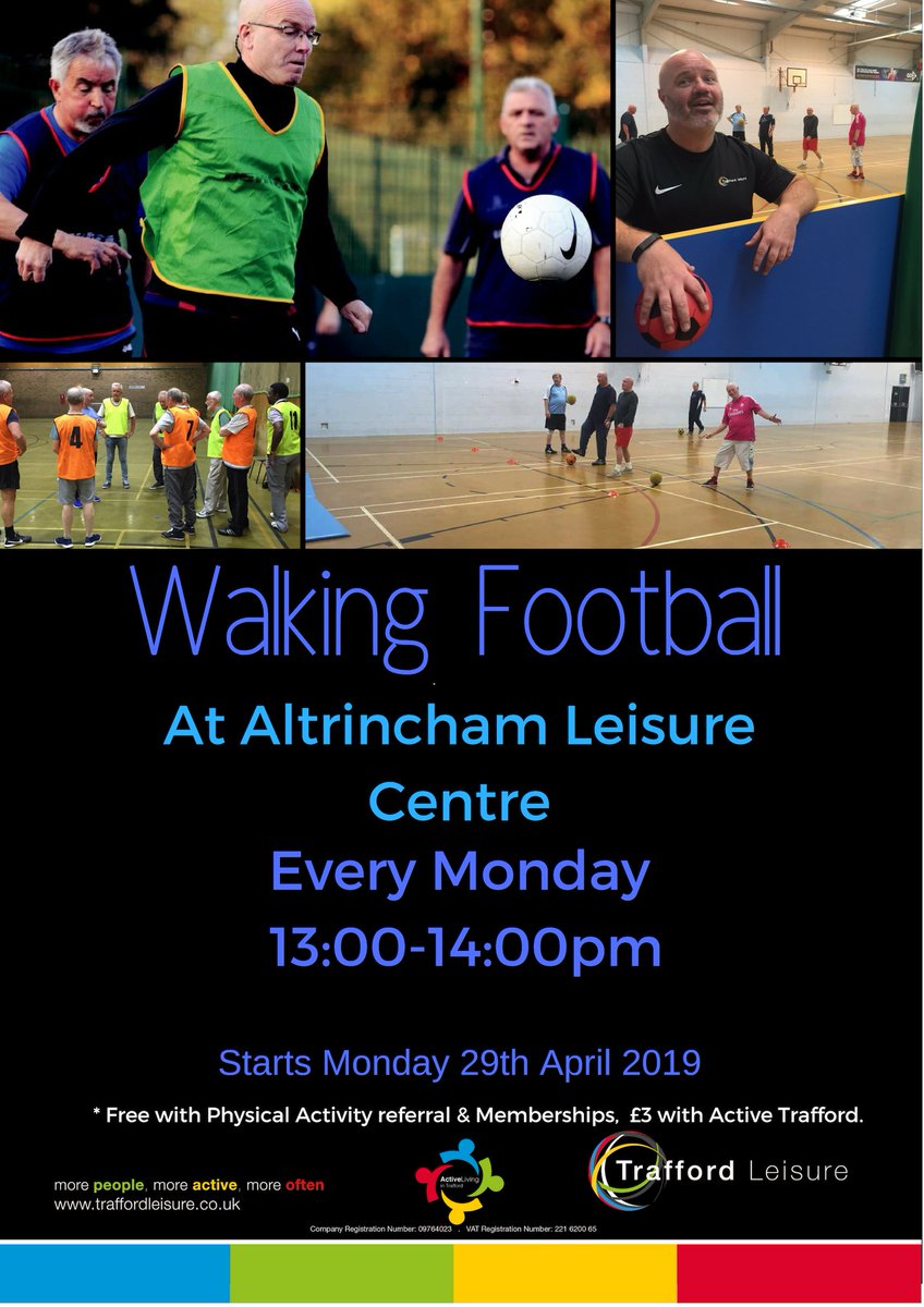 Walking Football at Altrincham Leisure Centre. Mondays 1.00 - 2.00pm. Open to everyone. Come along and give it a try. <a href="/AltrinchamLC/">Altrincham Leisure</a> <a href="/Traffordleisure/">Trafford Leisure</a>