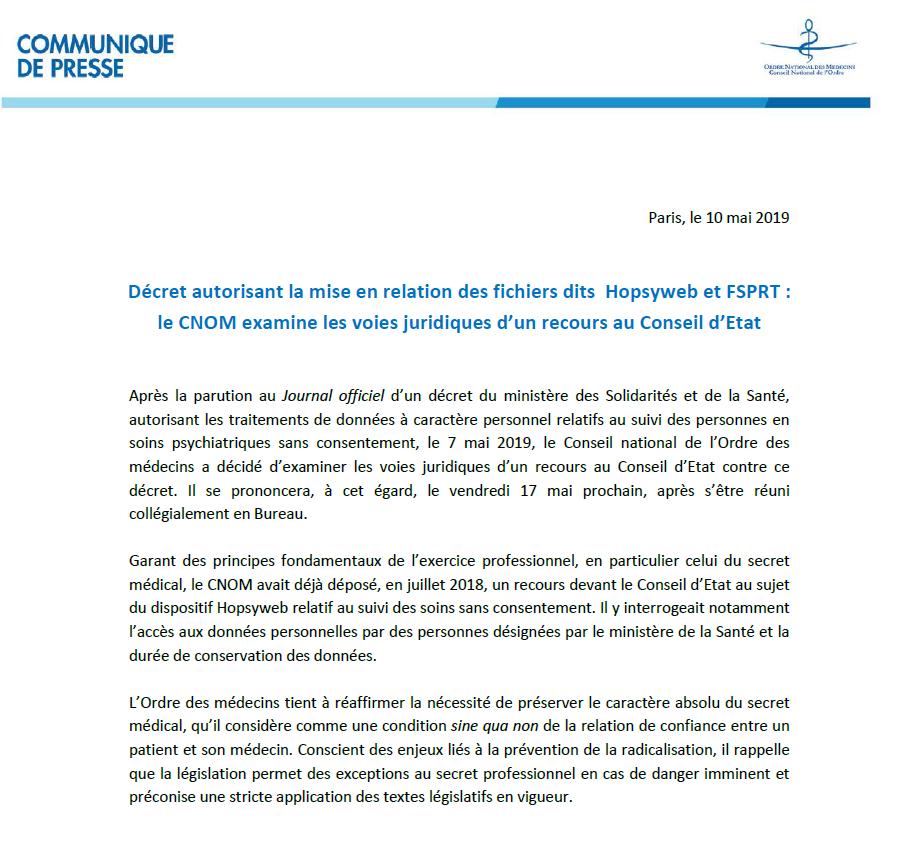 [Communiqué] Décret autorisant la mise en relation des fichiers dits #Hopsyweb et FSPRT : le CNOM examine les voies juridiques d’un recours au Conseil d’Etat conseil-national.medecin.fr/node/3208