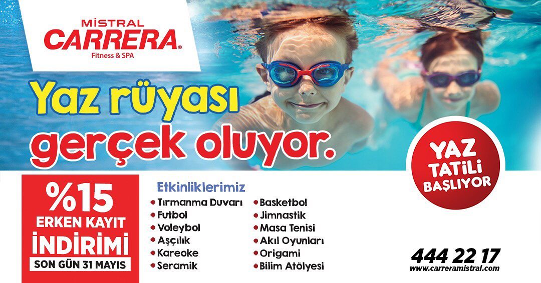 Mistral Carrera’da Yaz Rüyası Gerçek Oluyor! Birbirinden eğlenceli aktivitelerin yer aldığı Yaz Okulu için %15 Erken Kayıt İNDİRİMİNİ kaçırmayın!

444 22 17

carreramistral.com

#carreramistralfitnessspa #carreramistralfitness #carrerafitness #carreramistral #yazokulu #izmir