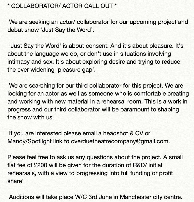 OverdueTheatre's tweet photo. COLLABORATOR // CASTING CALL -- Come join the team! @mancmade @ManchesterADP #Manchester #Theatre #Casting #NorthWest https://t.co/4qKvh6sMRh