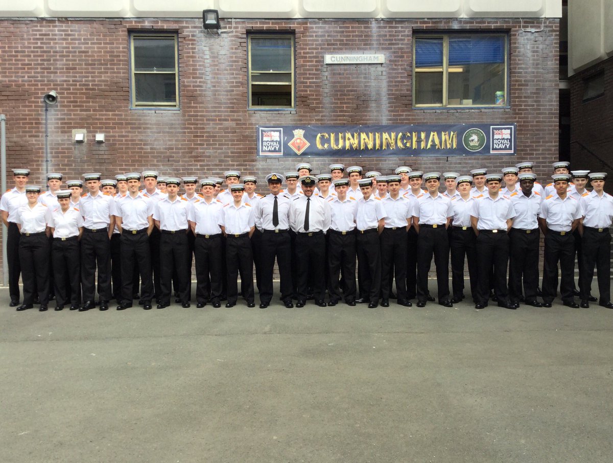 HMS_Raleigh's tweet photo. Welcome to HMS Raleigh, Lieutenant Commander George Blakeman, @HMSSutherland Weapons Engineering Officer, &amp; Warrant Officer Mac MacDonald, the ship’s Executive Warrant Officer, who are here to see their twinned Division pass out today. #Cunningham34s #FightingClan. https://t.co/AHsAFm7o7d