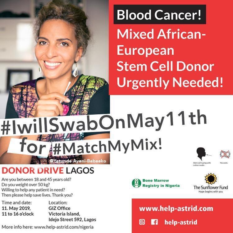 LadiSpeaks's tweet photo. Cancer vs Astrid
Astrid, a Nigerian-German suffering from Acute Myeloid Leukemia needs a stem cell/ bone marrow donor of African descent to stay ALIVE. Do you fit the description above/know anyone? Kindly visit https://t.co/eXHy4LcA1o to give a helping hand.
#MixMyMatch
Pls RT https://t.co/wdQaVvmqKn
