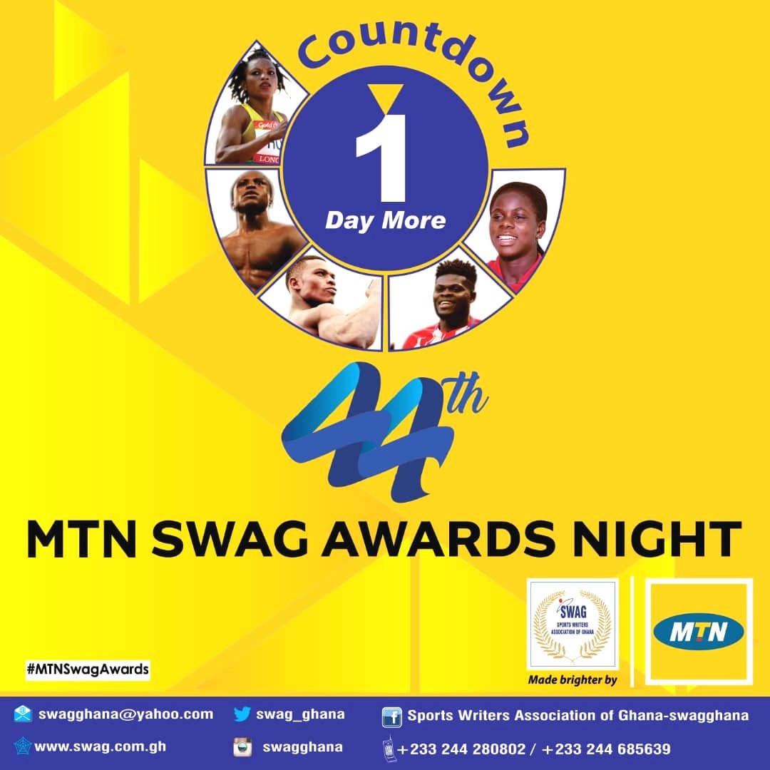 SWAG_Ghana's tweet photo. One day to go...
#MTNSwagAwards
#countdown
#May11th
#Honouringsportsexcellence
#AICC
#Swagat50
#WeDey4U https://t.co/ZIEECqjsI0