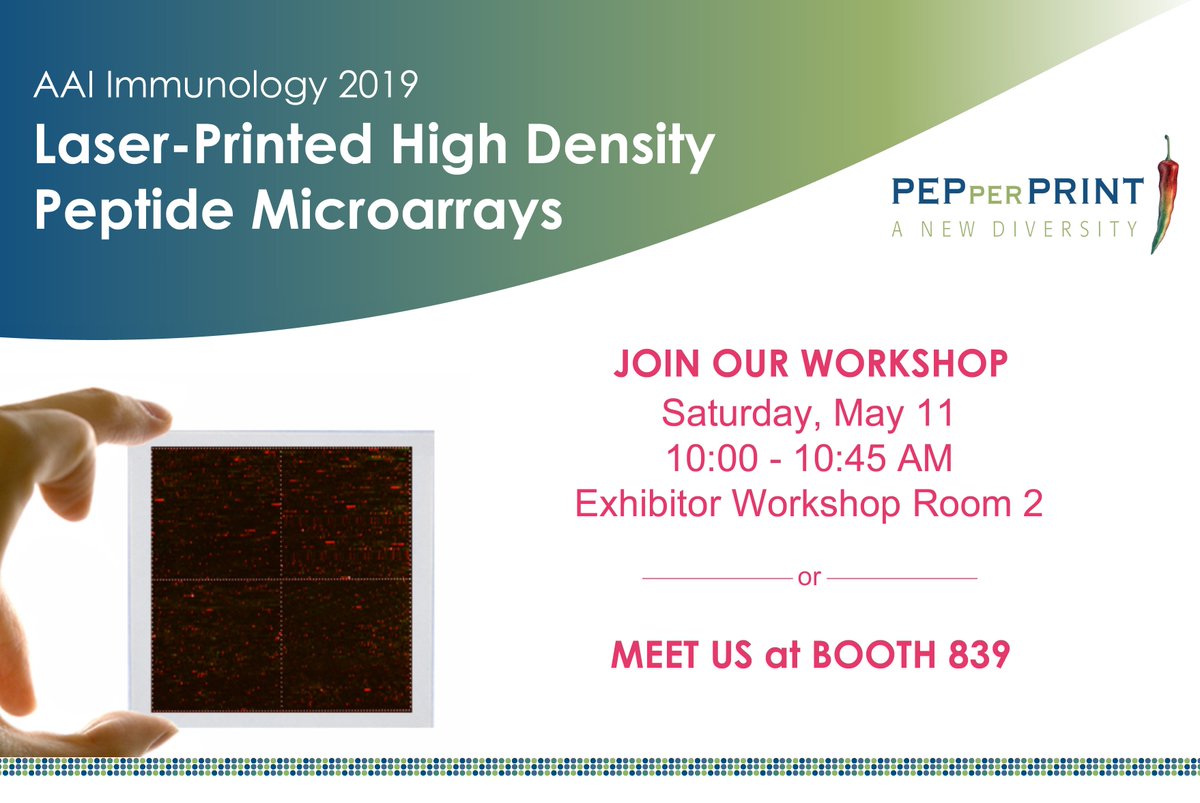 PEPperCHIP's tweet image. If you are at #Immunology2019 in San Diego make sure to step by at our booth 839. Gregor Jainta will be happy to answer all your questions regarding #peptidemicroarrays, #epitopemapping, #antibodyvalidation and B-cell immune monitoring. #AAI19 #pepperprint #epitope #peptidearrays