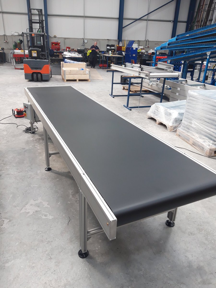 Loads of these on order at the moment. Our standard COB-140 belt #conveyor. Anodised aluminium profile here but can also be supplied in stainless steel for use in clean environments. Variety of #belts also available for wide applications #ManufacturingUK #engineeringuk