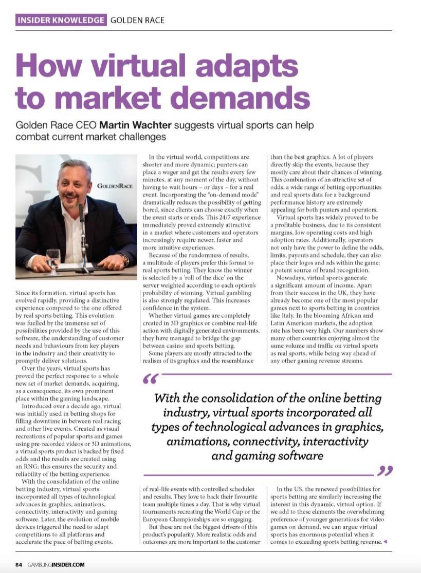 goldenrace's tweet photo. How virtual adapts to market demands, an editorial by our CEO Martin Wachter
🗞 @G_Insider
https://t.co/uAbRO3gc1E
#GoldenRace #BeyondVirtuals #VirtualSports #BettingSolutions #press #market #business #b2b https://t.co/UnBPfiPD6j