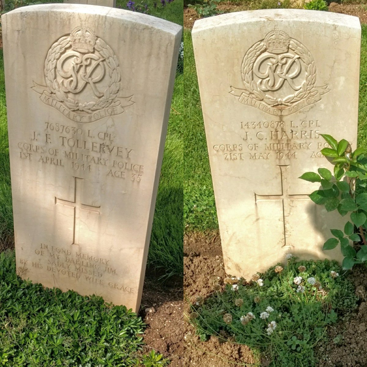 CWGC's tweet photo. RT @1RegtRMP: Stand 14 of #REDCAPCASSINO @1RegtRMP pay their respects to the fallen at the Cassino Commonwealth Cemetery and discover two graves attributed to our forefathers in the Corps of Military Police. #110ProCoy #150ProCoy @CWGC https://t.co/r3szUmMlB0