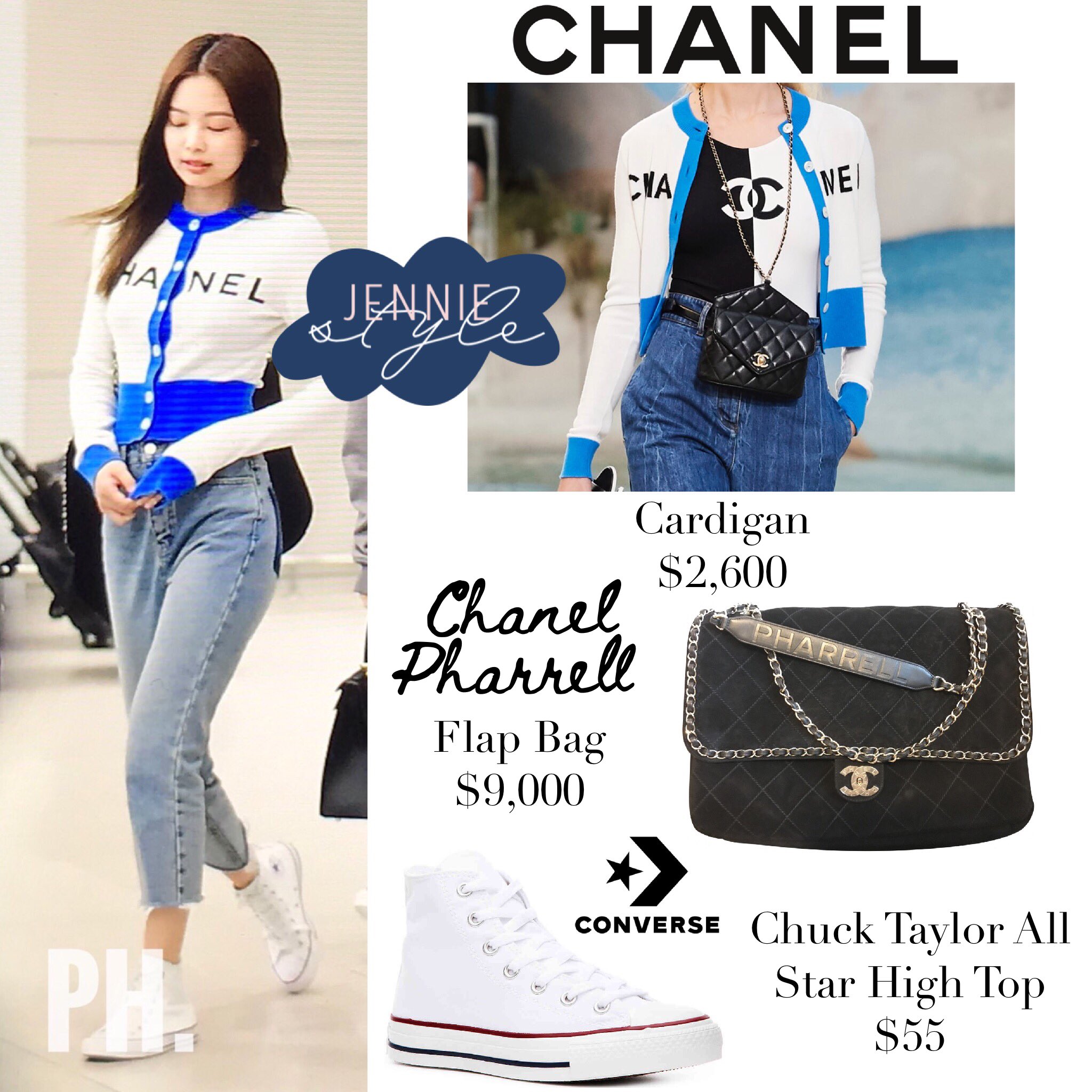 BLACKPINK'S CLOSET ♡ on X: 190510 ICN AIRPORT #JENNIE was wearing @CHANEL  Cardigan ($2,600), @chanel x @Pharrell Bag ($9,000), @shopredone Jeans  ($250) and @Converse Sneakers ($60)!  #BLACKPINK  #KILLTHISLOVE #블랙핑크 #JISOO