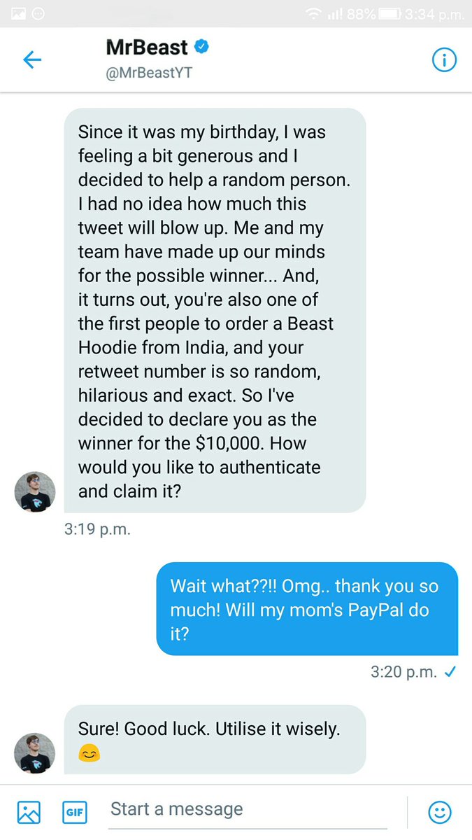 debzlife_'s tweet photo. @MrBeastYT just DM'ed me and chose me as the $10,000 winner!! 😆🤗 I'll be giving away 3,000$ from it, to a random person who retweets this, because I want to use it wisely. I will use the rest 7k for my passion. 

#MrBeast10K #MrBeast #ShopMrBeast #MrBeastMoney #RetweetToWin https://t.co/slSX0Cyq6C