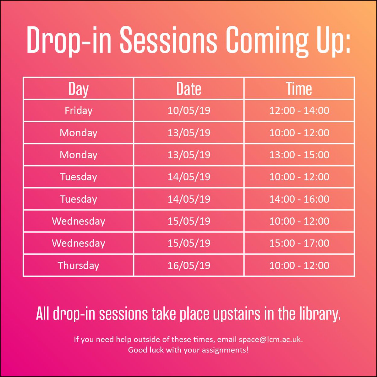 lcomelearning's tweet photo. Assignments due in soon? Need a hand getting them submitted? No worries - we're here to help you. 

Here's the drop-in sessions that are on in @leedsmusiclib. https://t.co/lvUmeHGNdR