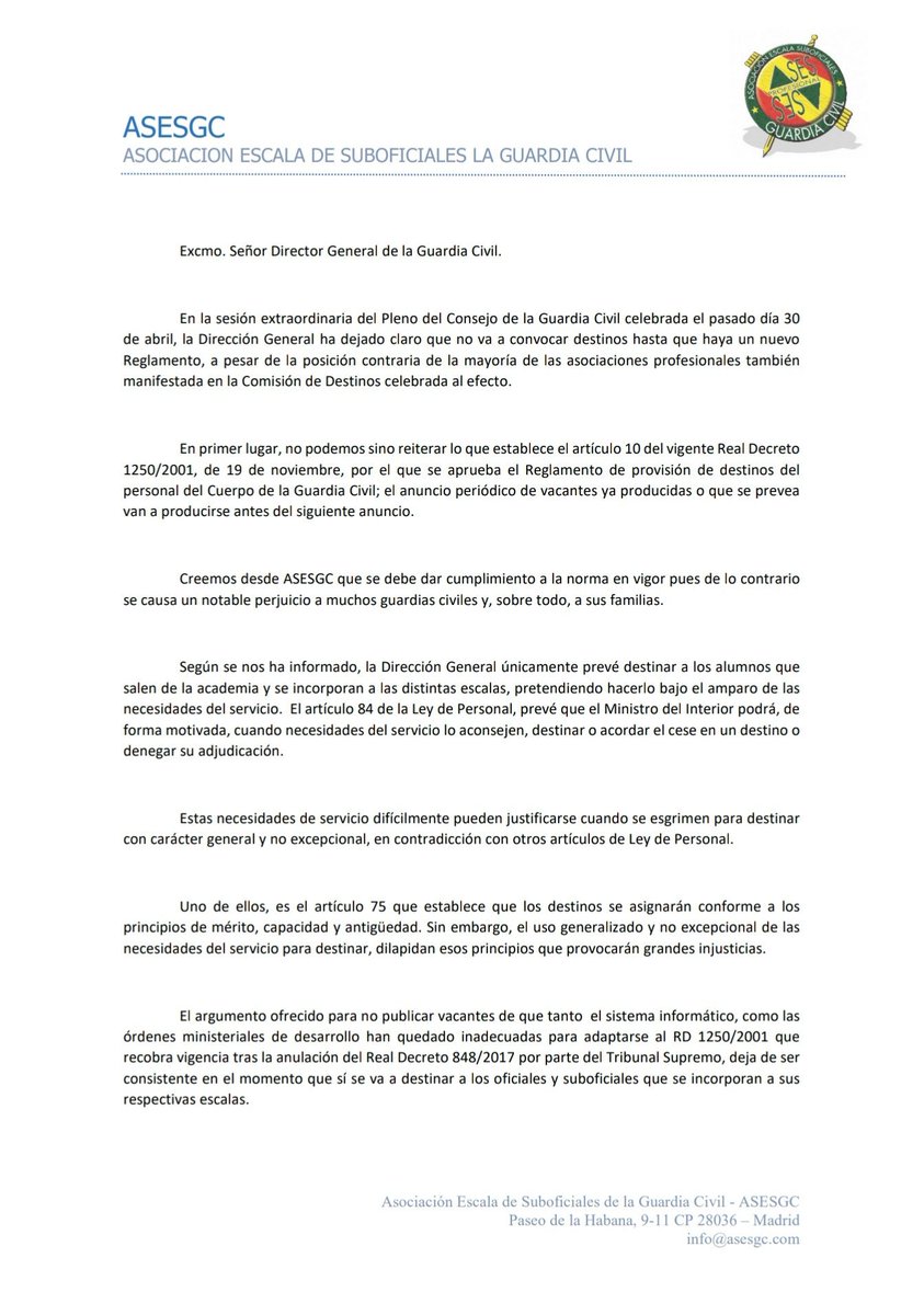 ASESGC's tweet photo. 👇🏼 Solicitud de #ASESGC al Director General sobre la situación actual de los destinos en la @guardiacivil
🔊🔊🔊 Los guardias civiles y sus familias necesitan certezas e información sobre su futuro más inmediato. https://t.co/LcfKsutkL7