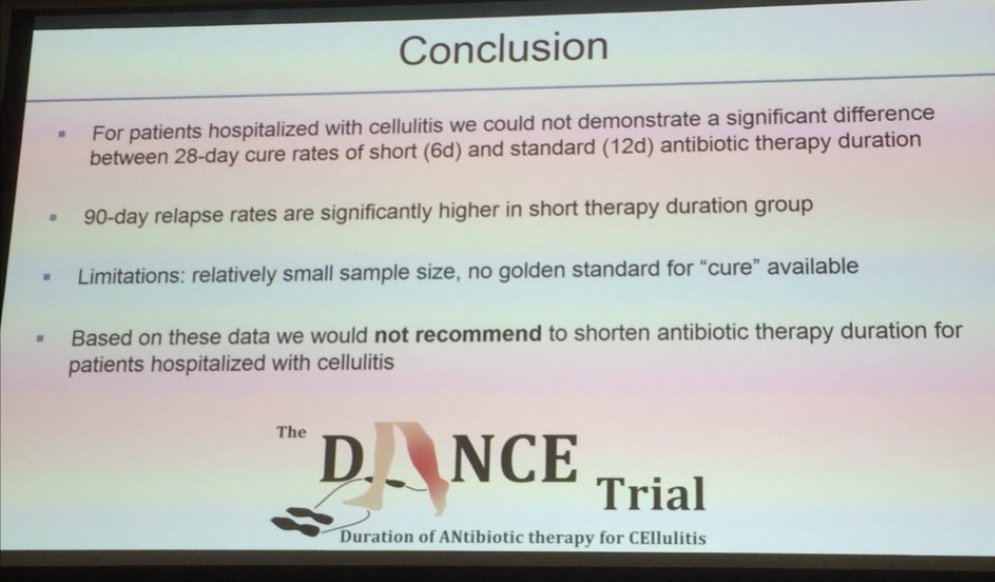 ABsteward's tweet photo. DANCE💃 trial (cellulitis 6 Vs. 12 days) 
Results/Design 👇
Abstract April 2018 #ECCMID2018 
Not published yet 🤔
🇳🇱study, no MRSA
Clinical cure 50%.😱
Nobody is 💃with DANCE trial conclusion.
Shorter is still better 
#IDTwitter https://t.co/zAnxLkJNvK