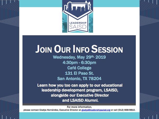 Leadership SAISD is recruiting for the LSAISD Class of 2020! 

Join us in spreading the word about our upcoming Info Session. 

RSVP here docs.google.com/forms/d/e/1FAI…

#LSAISD #informtransform