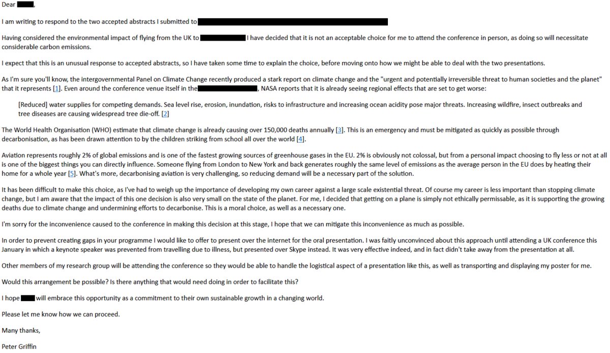 PHGriff's tweet photo. I've had two abstracts accepted by a major US conference. After much soul-searching I have decided I cannot attend as I can't justify the carbon emissions of flying there.
Getting on a plane is an incredibly damaging act. We need to keep asking is this trip worth it? https://t.co/Csp0GzRdra