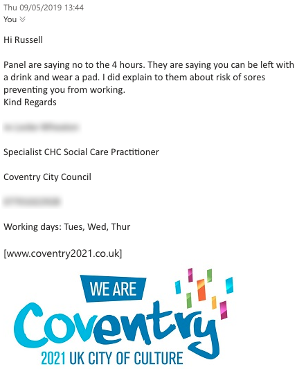 Yesterday I got told to wear a nappy by <a href="/coventrycc/">Coventry City Council</a> council of <a href="/Coventry2021/">Coventry UK City of Culture 2021</a>! As a disabled person in employment (govt target), I can have 14 hours per day support, the weekends where I don’t work, I can have 10 hours, weekends are ‘social hours’, those aren’t funded! #degrading