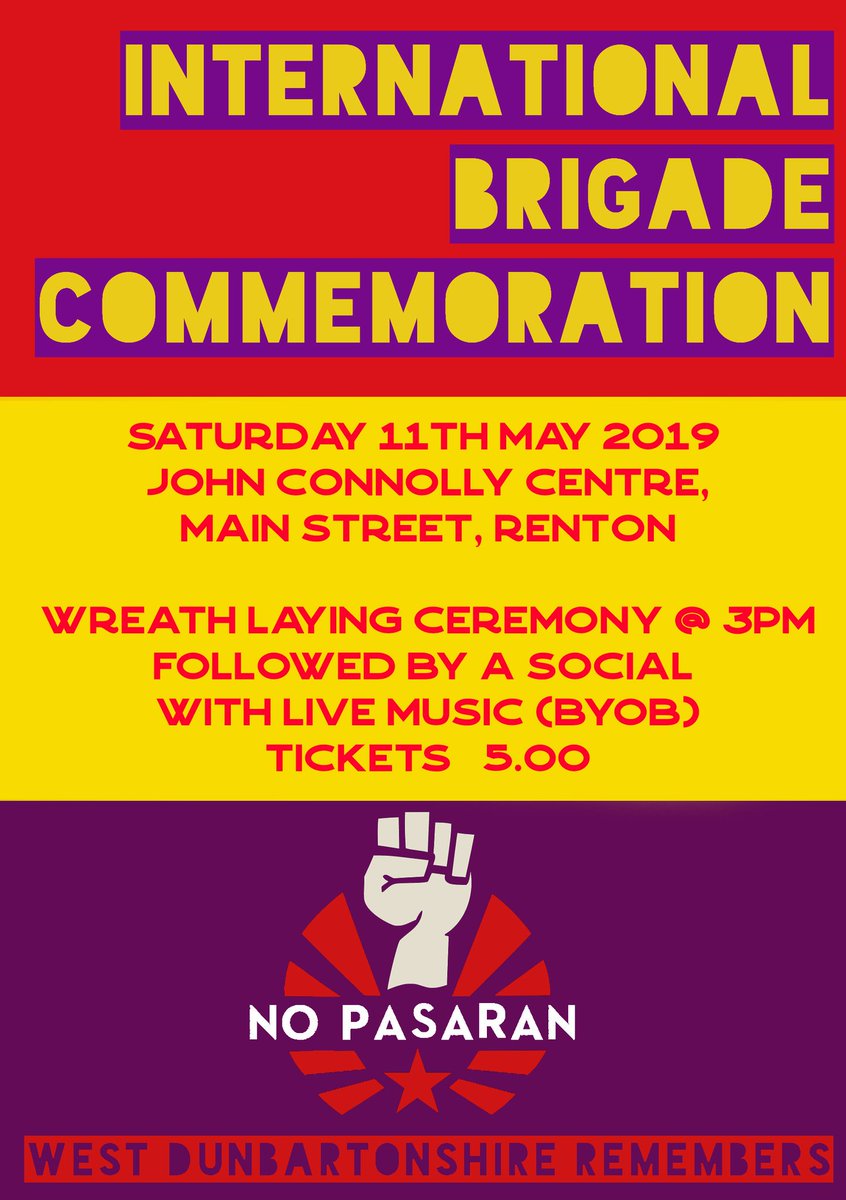 Community_Party's tweet image. 📢 International Brigade Commemoration
📅 Saturday 11th May @ 3.00pm
📍 John Connolly Centre, Renton

Followed by a social with live music and speeches and it's BYOB. Entry to the social is £5 on the door with proceeds going towards a further memorial.

¡No pasarán!

PLEASE SHARE