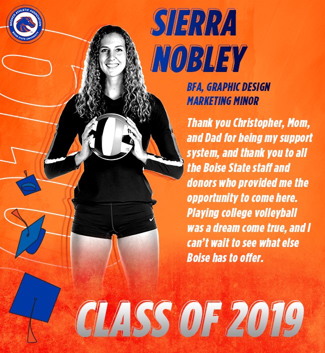 BoiseStateBAA's tweet photo. One of the most decorated @BroncoSportsVB student-athletes to wear the blue & orange will graduate this weekend after spending a year focusing on the classroom & earning a graphic design degree! Thank you for providing resources for student-athletes to pursue their passions! https://t.co/qttHg26m4x