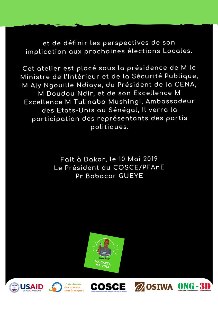 ICT4Gouvernance's tweet photo. 📣🇸🇳 COMMUNIQUE DE PRESSE: ATELIER D’EVALUATION DE LA PARTICIPATION DE LA SOCIETE CIVILE AU PROCESSUS ELECTORAL
#SunuVote #SunuElection2019 #SenegalVote https://t.co/CcnbxFTF85