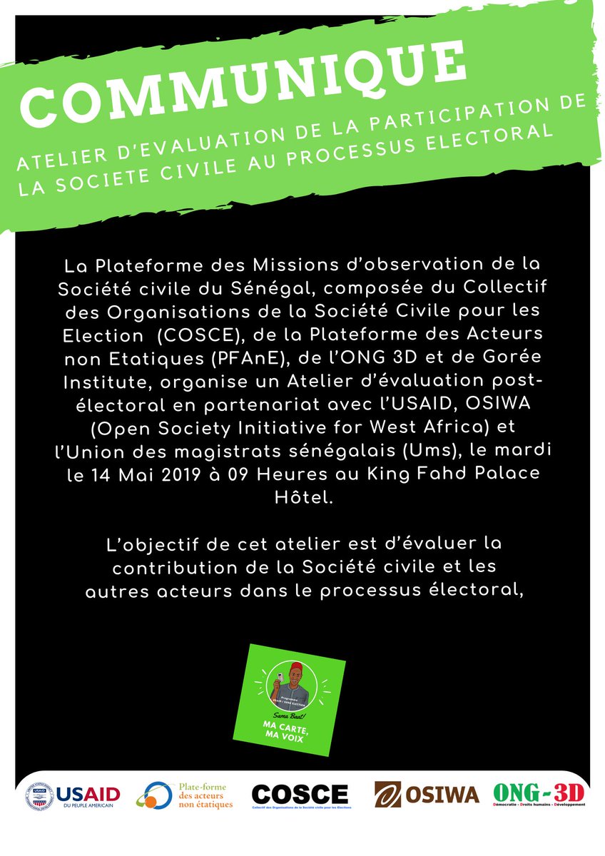 ICT4Gouvernance's tweet photo. 📣🇸🇳 COMMUNIQUE DE PRESSE: ATELIER D’EVALUATION DE LA PARTICIPATION DE LA SOCIETE CIVILE AU PROCESSUS ELECTORAL
#SunuVote #SunuElection2019 #SenegalVote https://t.co/CcnbxFTF85