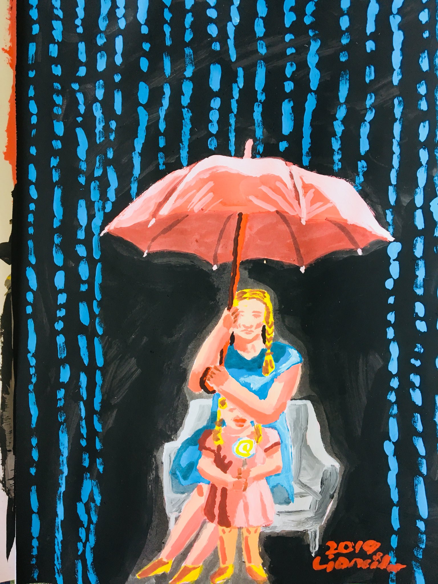 Lioncider 雨ふる雨傘 雨傘 Illustration Drawing Umbrella Person Black Family Line Rain Image Art Colorful Acrylicpaintng Picture Painting イラスト アート カラフル 作品 アクリル絵の具 ドローイング 絵