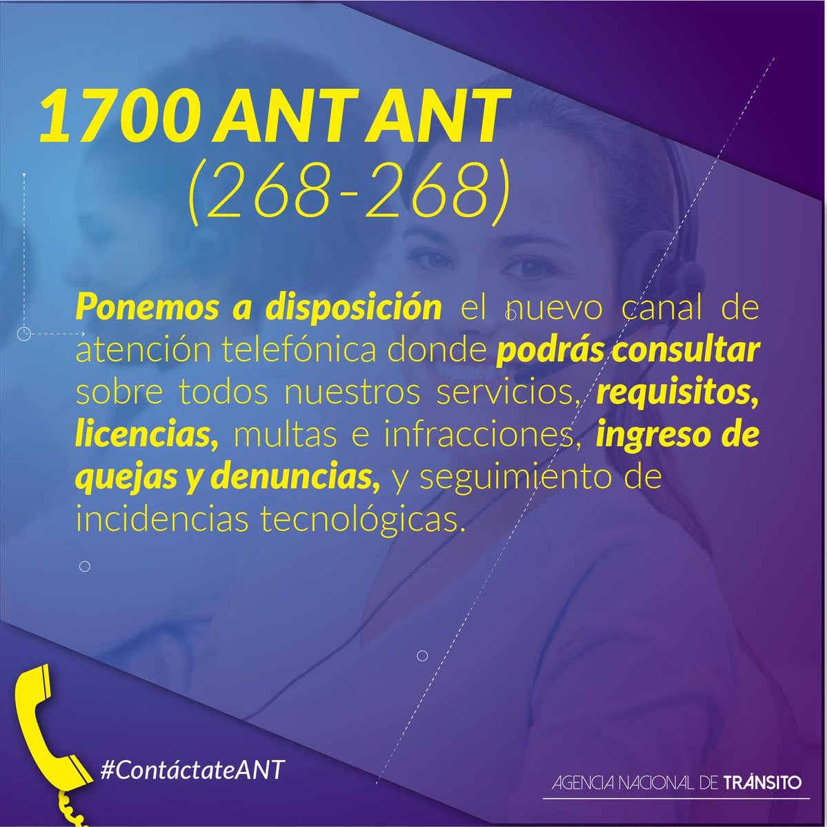 ANT_ECUADOR's tweet photo. Ahora puedes realizar desde la comodidad de tu casa u oficina consultas, requerimientos o denuncias llamando a nuestro call center 1700 ANT-ANT. #ContáctateANT https://t.co/LgPvXrUOIc