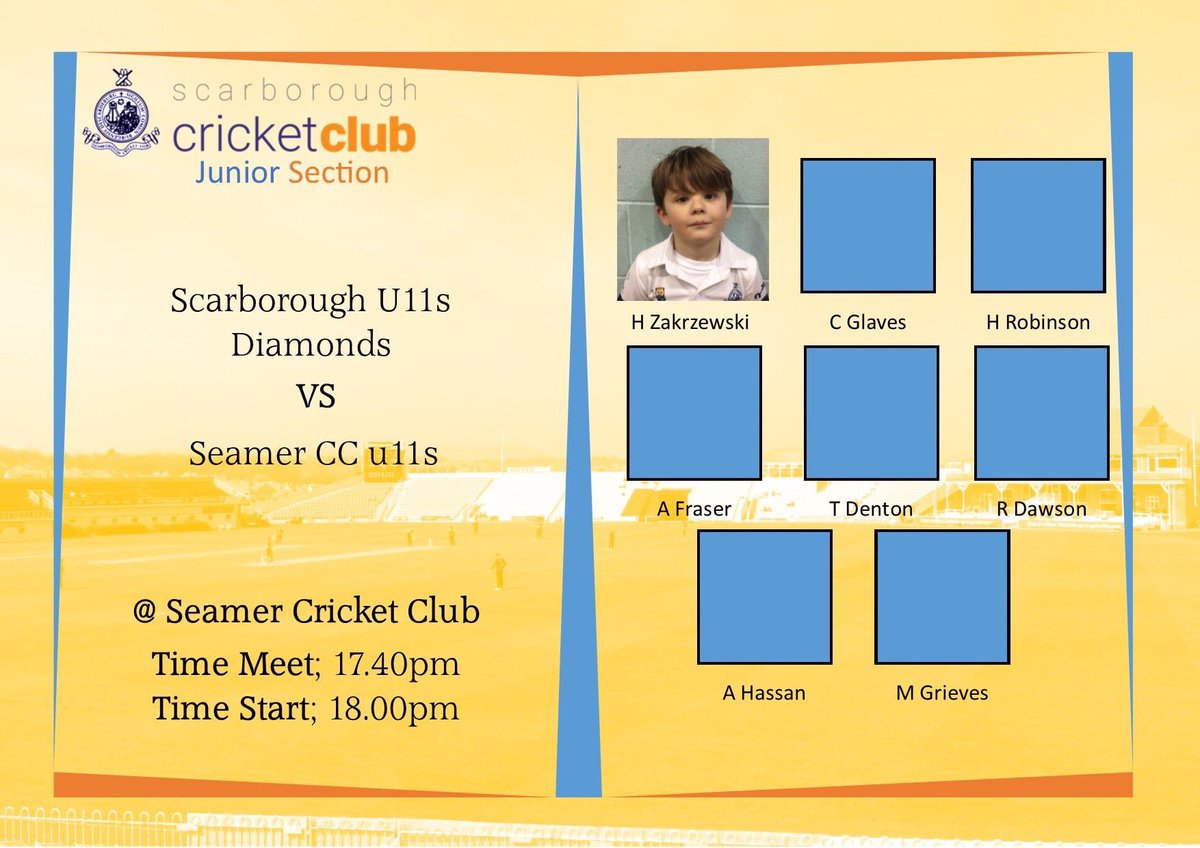 First Junior Fixture for our brand new Diamonds U11s Team...

🗓 Friday 10th May 
📍 Seamer CC
⏰ 18.00pm Start

Diamonds U11s Vs Seamer CC (Cup Fixture)

Good Luck boys for the game and the 2019 Season!!

#Scarborough #ScarboroughCricketClub #JuniorCricket #ScarbCCJuniors