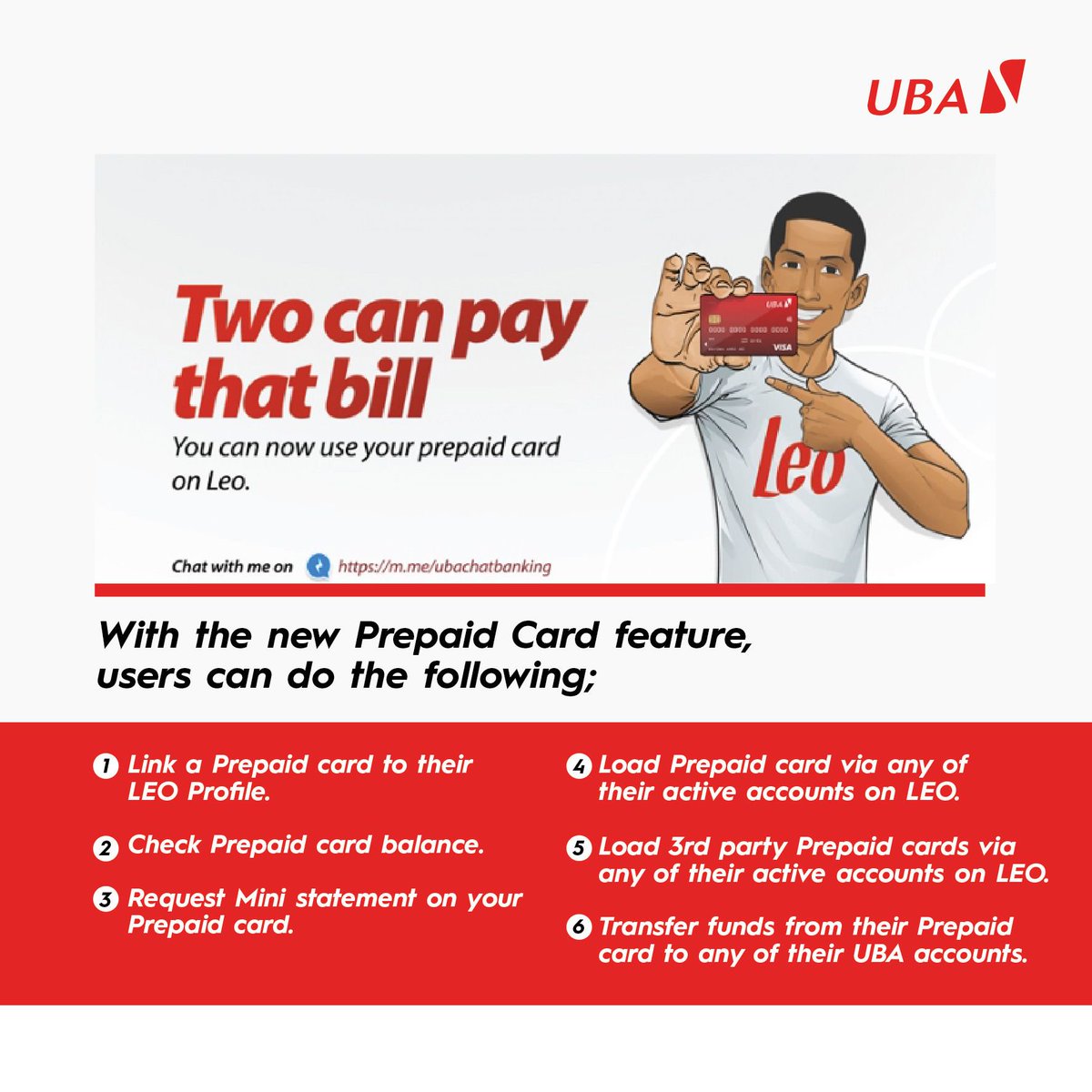 ubacameroon's tweet photo. Your Bank won't stop surprising you!
You can know link your Prepaid Card to your LEO profile and bank easily.
Go to https://t.co/Ksg211oaa7 now!
#ChatWithLeo #LeoBFF #Leo #Facebook #OnlineBanking #DigitalBanking #UBACameroon https://t.co/1WwFYp0vB0