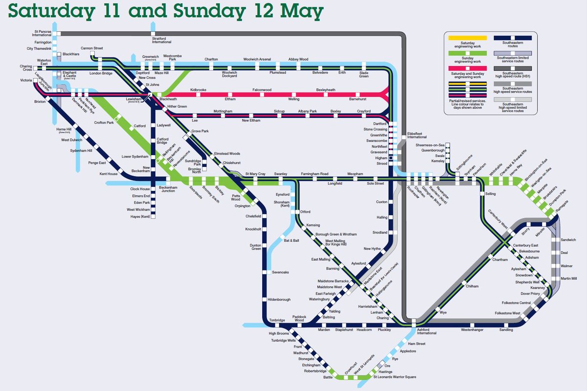 🚧 This weekend engineering work affects trains on the #Bexleyheath line all weekend, and services through #BromleySouth, #Margate & #Hastings on Sunday. For more information and to check your journey, click here: southeasternrailway.co.uk/travel-informa…