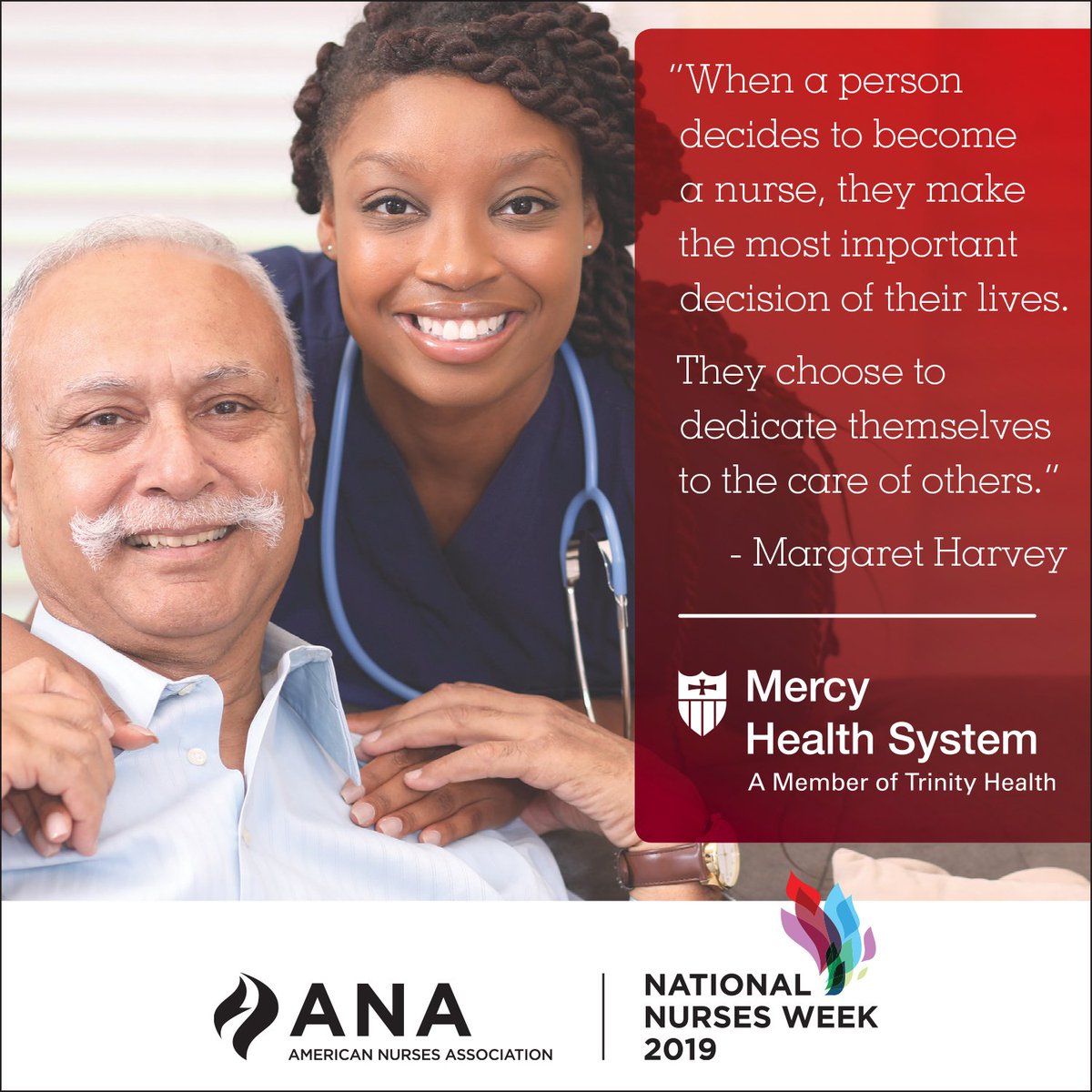 trinityhealthma's tweet photo. “When a person decides to become a nurse, they make the most important decision of their lives. They choose to dedicate themselves to the care of others.” - Margaret Harvey #NursesWeek #NNW19 https://t.co/6cHIHqd76v