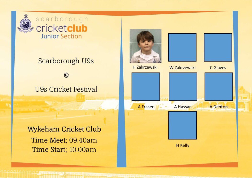 First Junior Festival for our U9s Team...

🗓 Sunday 12th May 
📍 Wykeham CC
⏰ 10.00am Start

Good Luck boys for the games and the 2019 Season!!

#Scarborough #ScarboroughCricketClub #JuniorCricket #JuniorSection #ScarbCCJuniors