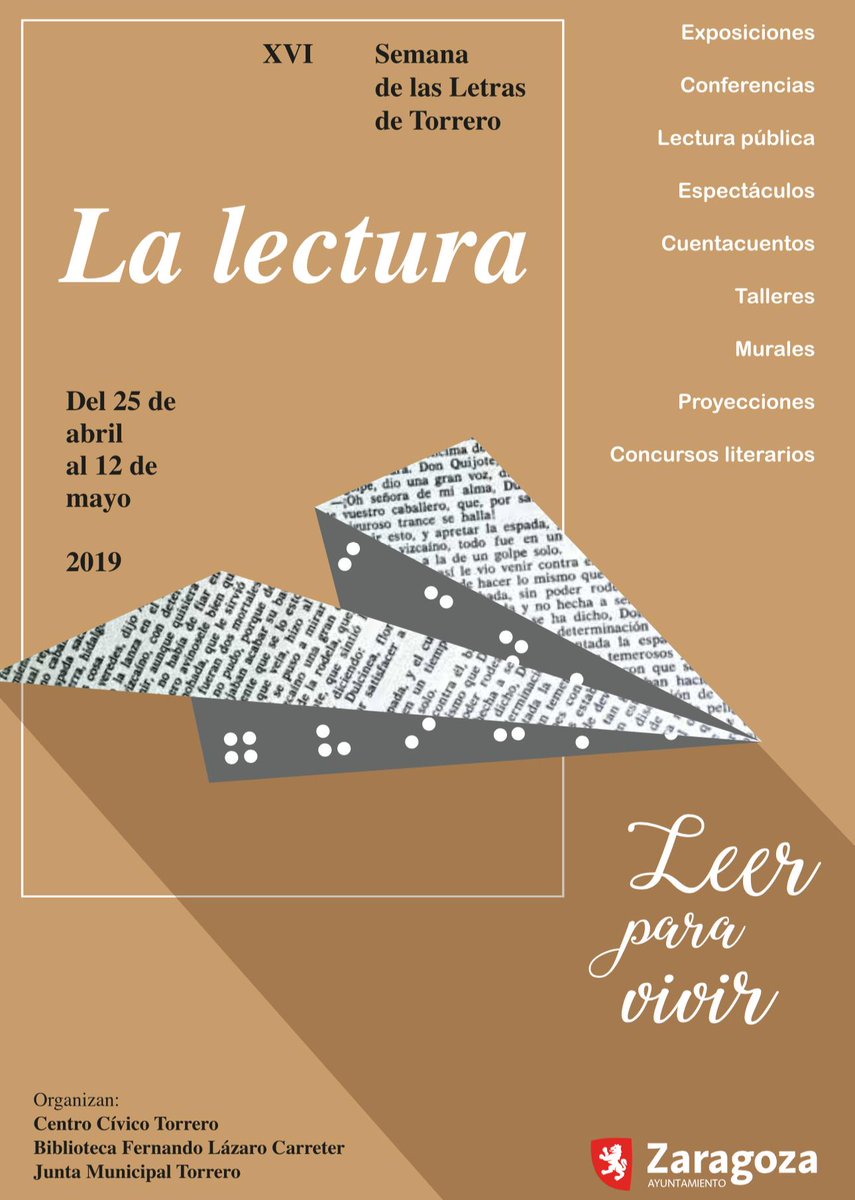 ¡¡Últimos días para disfrutar de la Semana de las #letras de #Torrero!! 📚✂️✒️🗞📸#Exposiciones, #conferencias, #murales, #talleres y mucha #lectura te esperan en este #barrio de #Zaragoza ¡acércate a disfrutarlo el #finde! 👏👏👏
#CentroCívicoTorrero ow.ly/TQ0930oH8Dh
