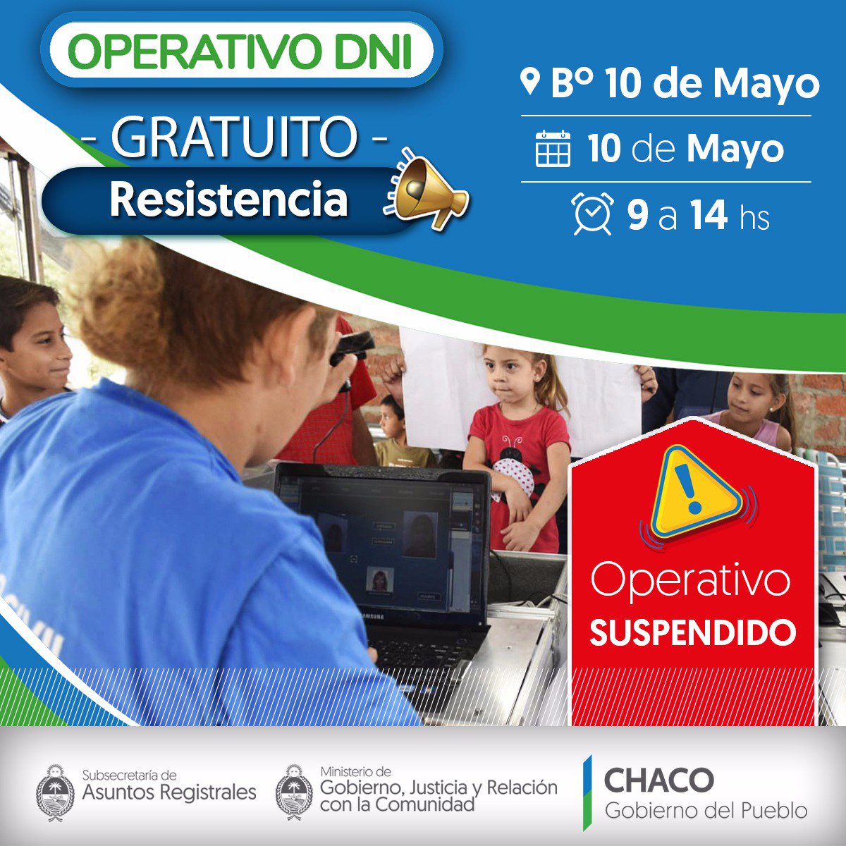 MinisterioGobCh's tweet photo. 📢¡ATENCIÓN!
El @MinisterioGobCh suspendió los #OperativosDNI previstos para hoy mediante la #SubsecretaríaDeAsuntosRegistrales  en el #MerenderoDeApoyoEscolar y #Barrio10DeMayo .
Los mismos serán reprogramados.
@domingopeppo @Drajessicaayala @sollunama https://t.co/P5q7qVI3O7