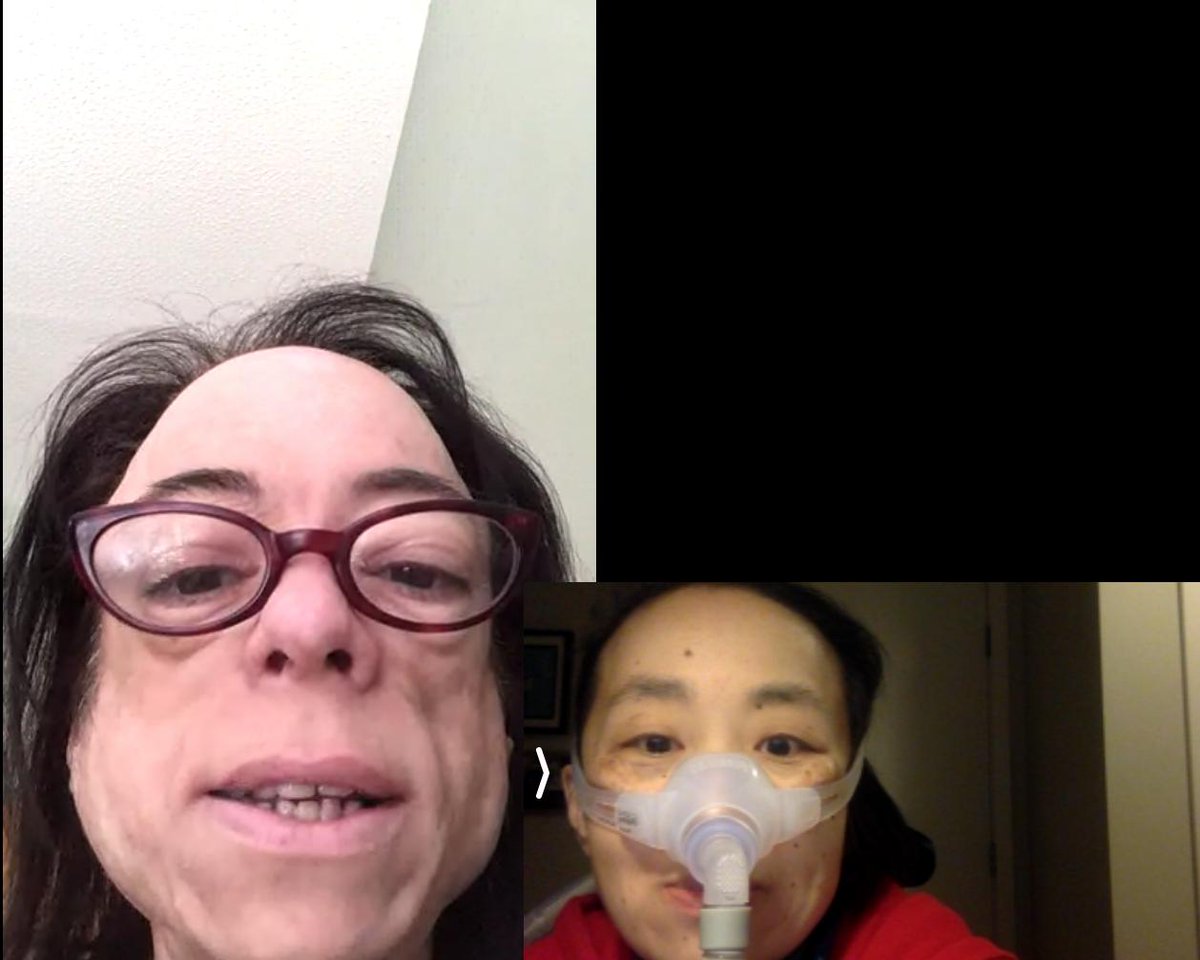 Screenshot from a video call featuring a white woman on the left with dark brown hair and glasses. On the right is an Asian American woman in a red hoodie with a mask over her nose connected to a BiPap machine.