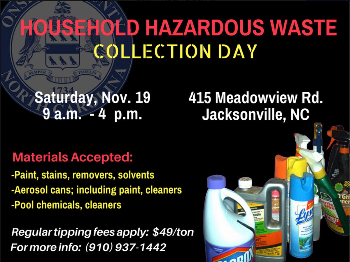 OnslowPIO's tweet photo. Don't forget about the Household Hazardous Waste Collection day going on tomorrow at Onslow County Solid Waste. 9 a.m. to 2 p.m. https://t.co/K9XPFdh1vm