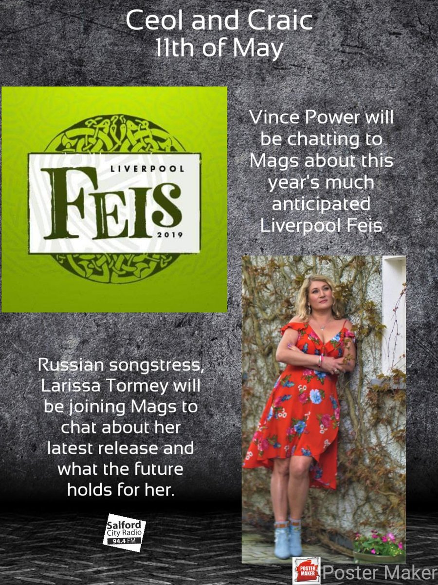 Joining <a href="/mags_mc07/">margaret mcgagh</a> on <a href="/SalfordCRadio/">Salford City Radio</a> this week to chat  about this year's event is Vince Power from <a href="/FeisLiverpool/">Feis Liverpool</a>. Also Russian country singer <a href="/LarissaTormey/">Larissa Tormey</a>  join us from 2pm <a href="/mancirishfest/">#mancirishfest☘</a> <a href="/ThomasMaguire19/">Thomas Maguire & Fhiona Ennis</a> <a href="/theirishworld/">the Irish World</a> <a href="/OfficialAslan/">Aslan</a> @SinaTheil <a href="/alankeegan1/">Alan Keegan</a> <a href="/iamNATHANCARTER/">nathan carter</a>