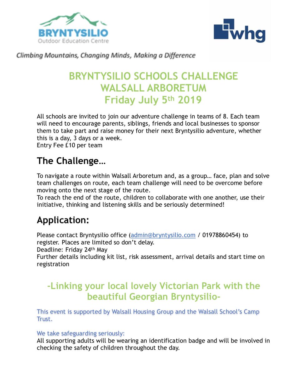 We only have 2 spaces left for our exciting #walsall challenge in partnership with @walsallwhg a great way to help fundraise for your #residential <a href="/bryntysilio/">Bryntysilio Outdoor Education Centre</a> #teambuilding #challenges #primaryschool #residential #fundraising