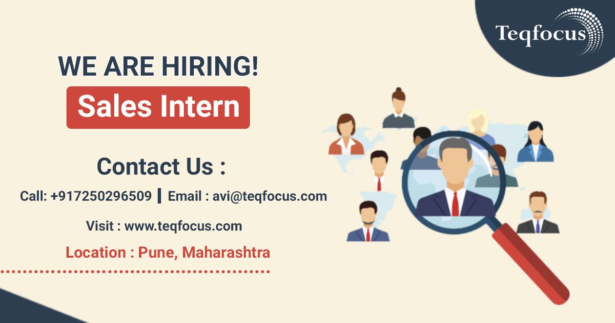teqfocus's tweet photo. Dear Candidates, 
We are looking for a Sales Intern. You would be working directly under our #Marketing and #Sales head. 
If interested, forward your CV to avi@teqfocus.com
Location: Pune
Job Description: https://t.co/zwUfOBhpA3
#wearehiring #joinusnow #teqfocus #teqforce https://t.co/F6cZ1nxcwV