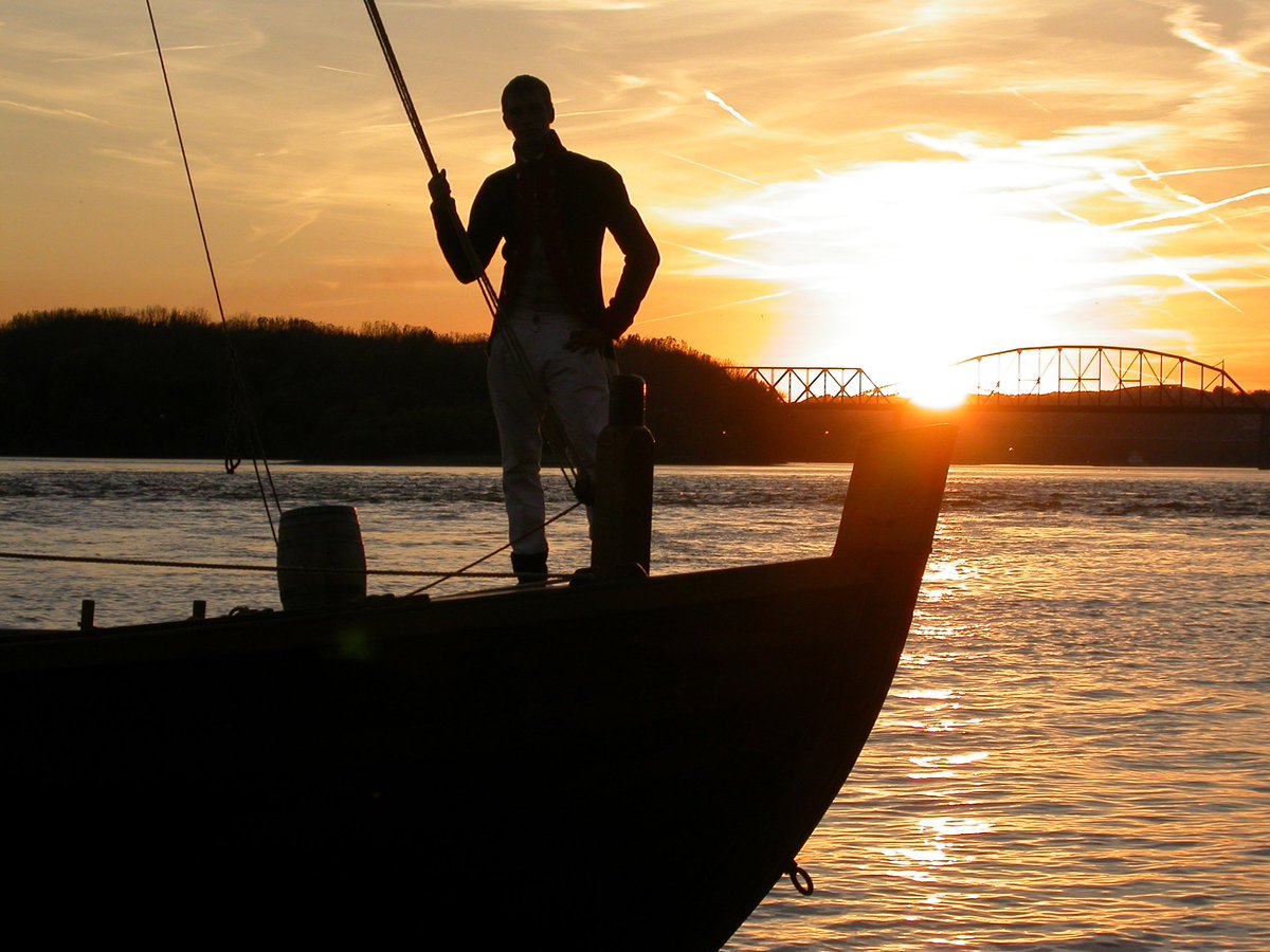 Captain Meriwether Lewis reeanactor on keelboat along the Ohio River.