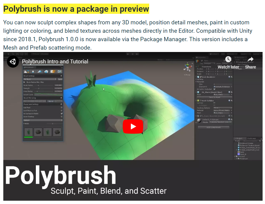 ideafella's tweet photo. #Unity3D .@Unity3D #GameDev 

Unity 2019.2 beta is now available
(check Hub application)

Polybrush is now a package in preview

https://t.co/X3kfcOnx1B

#3D #3DArtist #Sculpting #Vertices #Meshes #Polybrush #IndieGameDev https://t.co/MbzCpM16dv