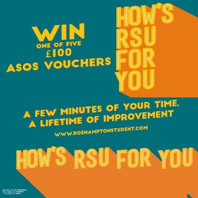 DO YOU WANT TO WIN A £100 ASOS VOUCHER?

Well, 5 people who take part in this survey will be the lucky winners of just that! ⭐ "HOW'S THE RSU FOR YOU?" ⭐

We want to know how Roehampton Students' Union has made your experience here this year and if t… bit.ly/2HgPW14